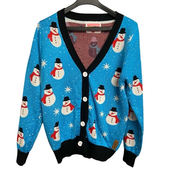 Tipsy Elves WOMEN'S SNAZZY SNOWMAN CARDIGAN SWEATER Size L Light Blue Holiday - Picture 5 of 12